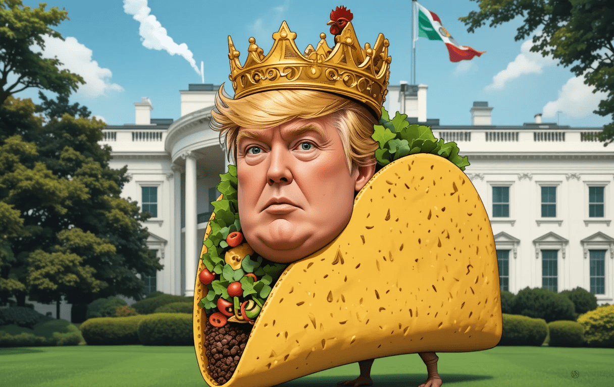Cartoon of TACO Trump with chicken on head in front of White House